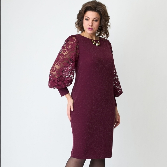 Lace Sleeve Ribbed Midi Dress Size XL - Wine Fall / winter plus size - Picture 1 of 16